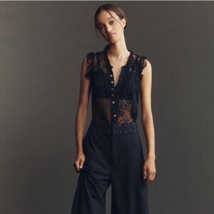 By Anthropologie Lace Pinstripe Jumpsuit 2 tall